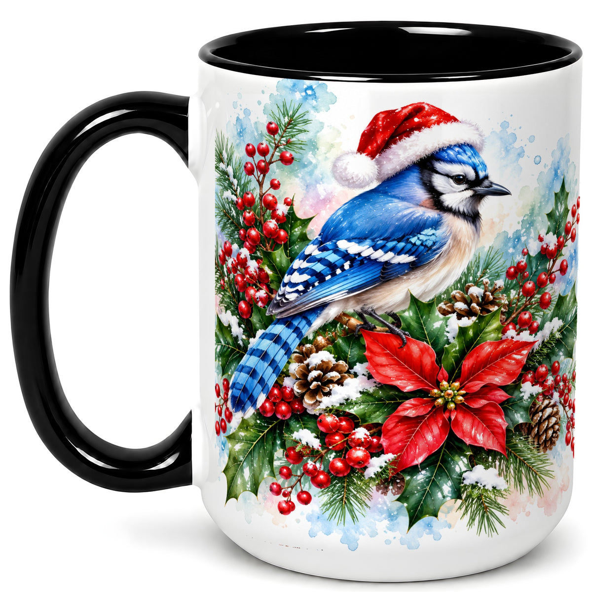 #pl[15oz|Black] Watercolor Blue Jay Coffee Mug, Christmas Bird Mug, Ceramic Cup