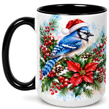 #pl[15oz|Black] Watercolor Blue Jay Coffee Mug, Christmas Bird Mug, Ceramic Cup