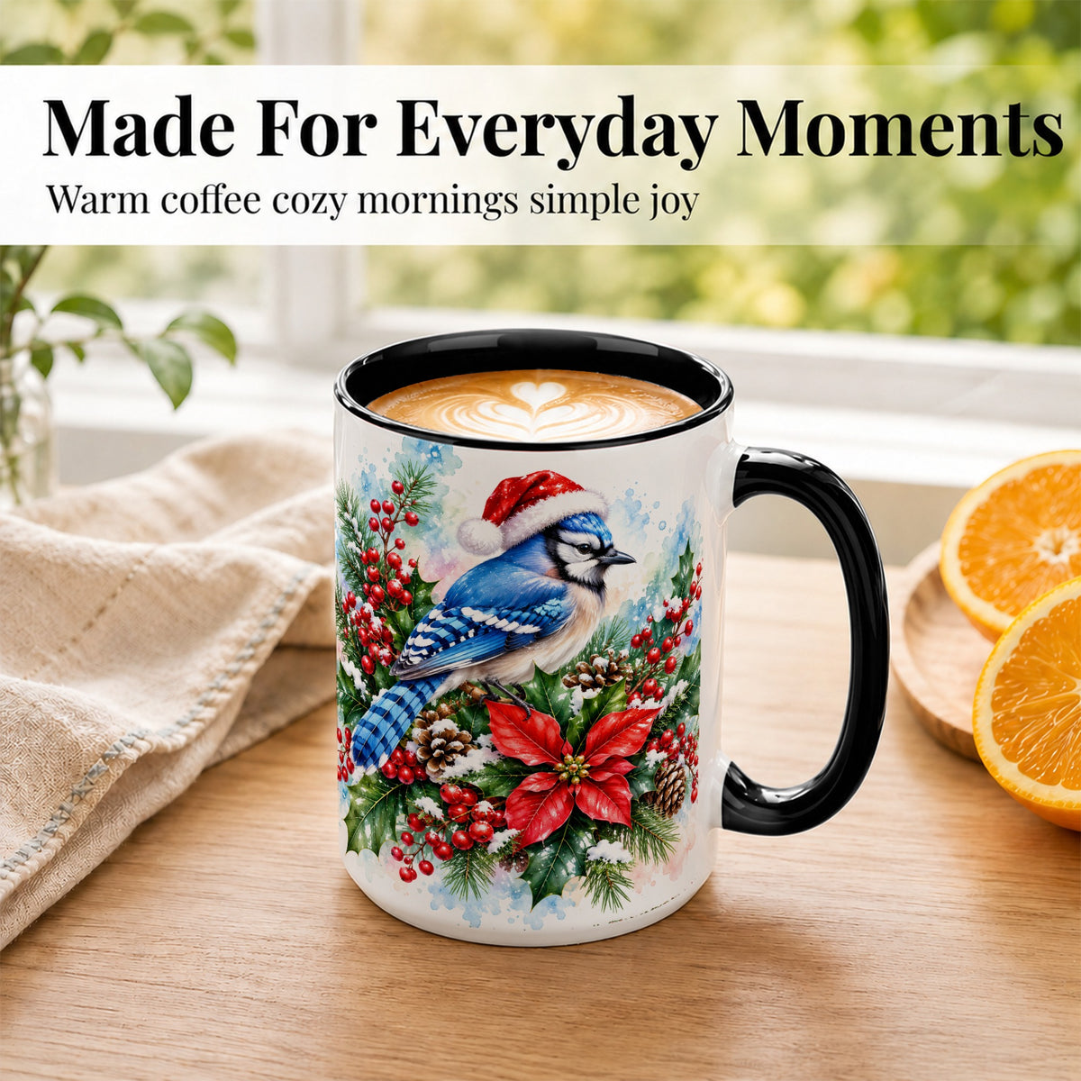#pl[15oz|Black] Watercolor Blue Jay Coffee Mug, Christmas Bird Mug, Ceramic Cup