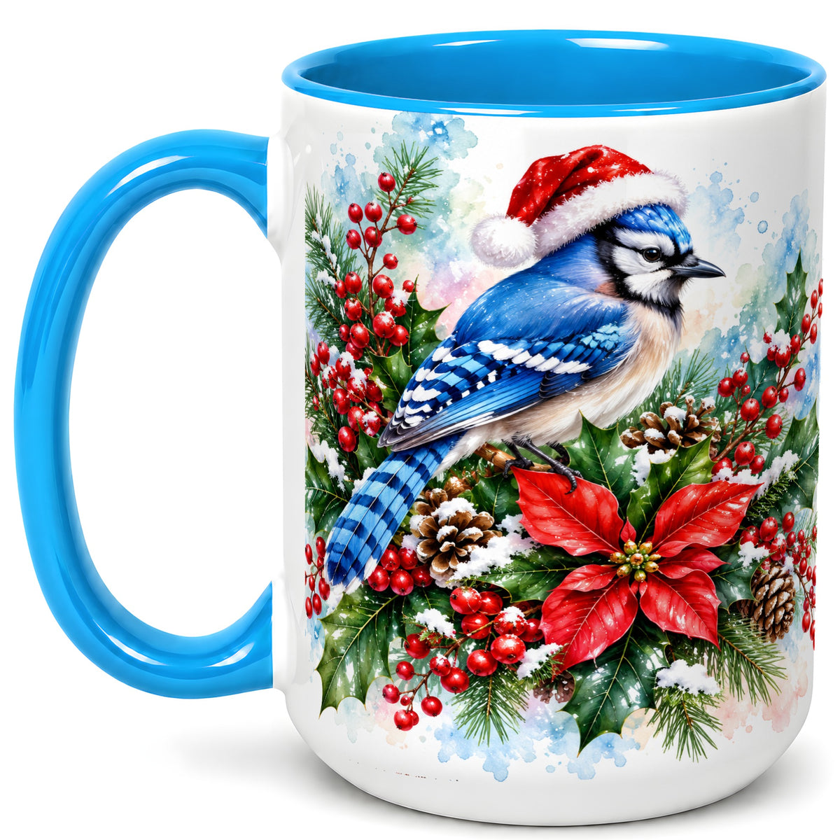 #pl[15oz|Blue] Watercolor Blue Jay Coffee Mug, Christmas Bird Mug, Ceramic Cup
