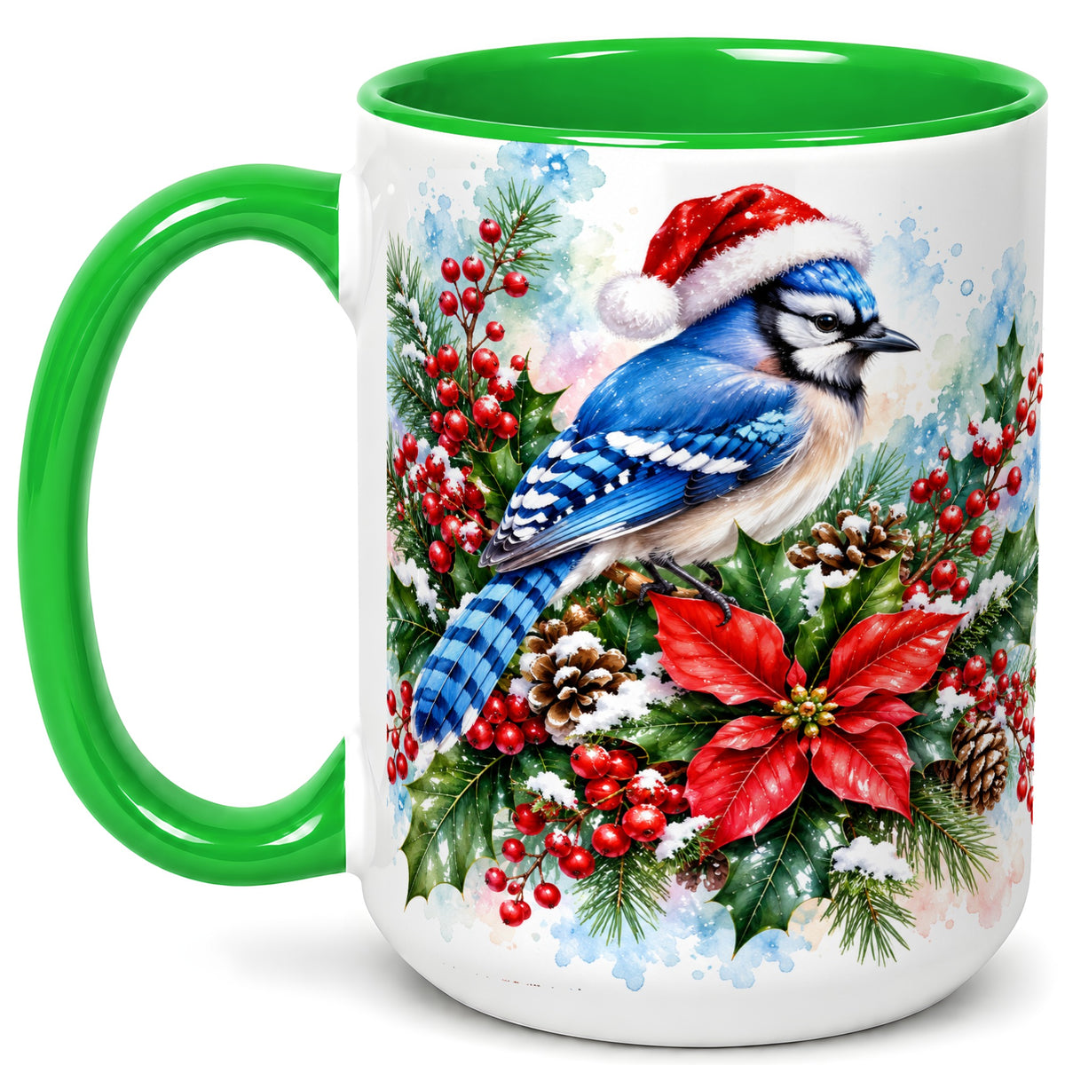 #pl[15oz|Green] Watercolor Blue Jay Coffee Mug, Christmas Bird Mug, Ceramic Cup