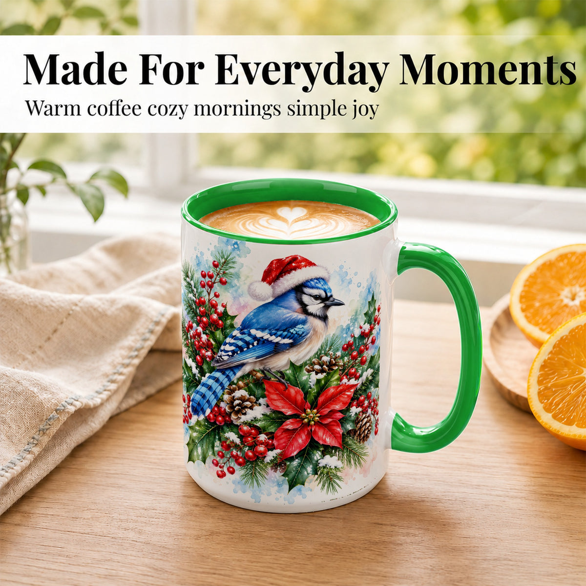#pl[15oz|Green] Watercolor Blue Jay Coffee Mug, Christmas Bird Mug, Ceramic Cup