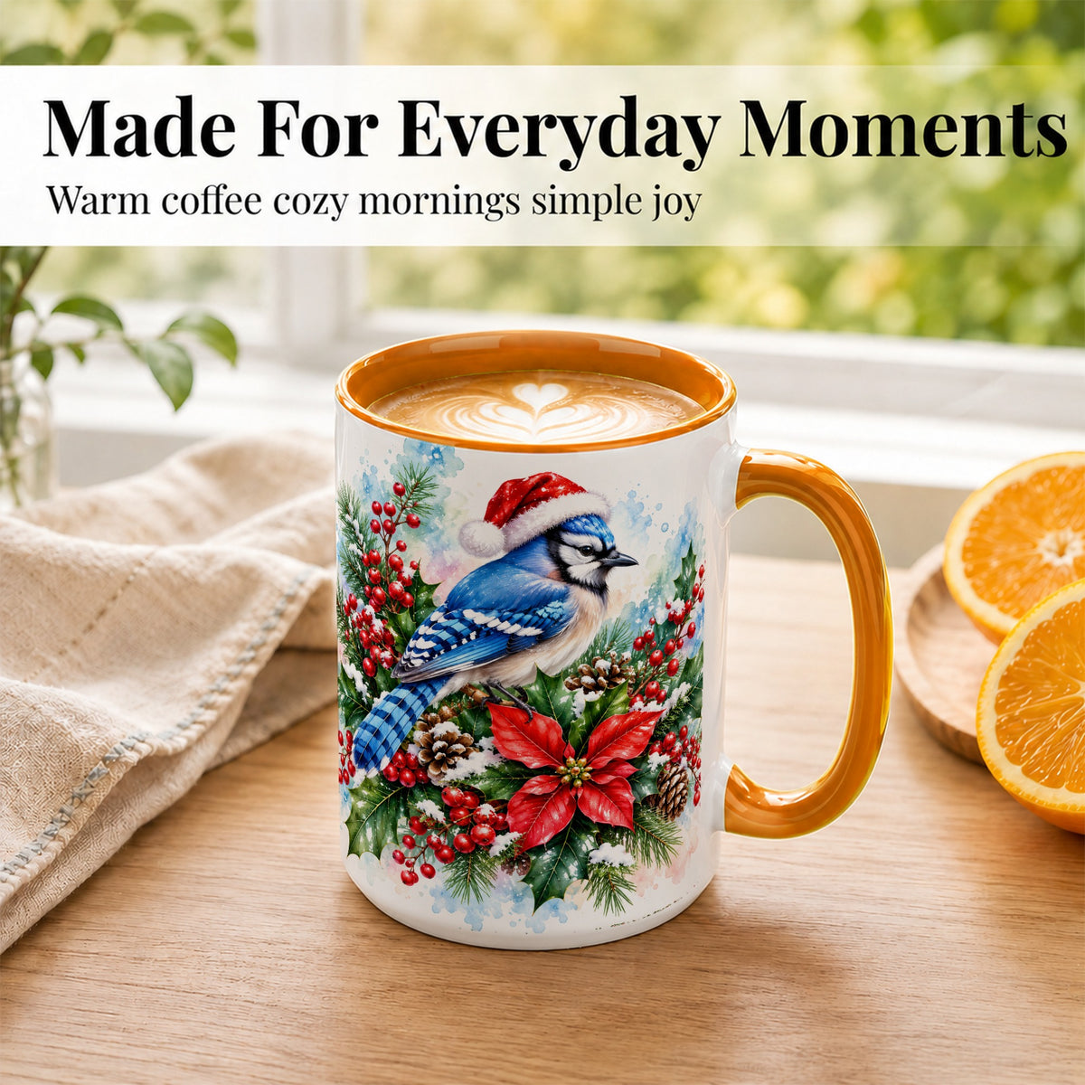 #pl[15oz|Orange] Watercolor Blue Jay Coffee Mug, Christmas Bird Mug, Ceramic Cup