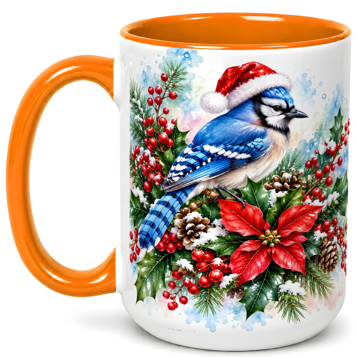 #pl[15oz|Orange] Watercolor Blue Jay Coffee Mug, Christmas Bird Mug, Ceramic Cup