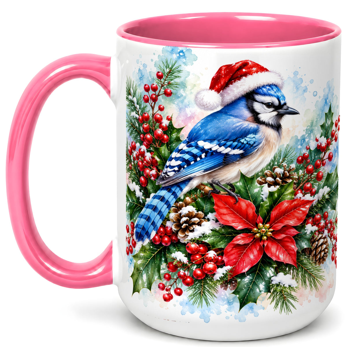 #pl[15oz|Pink] Watercolor Blue Jay Coffee Mug, Christmas Bird Mug, Ceramic Cup