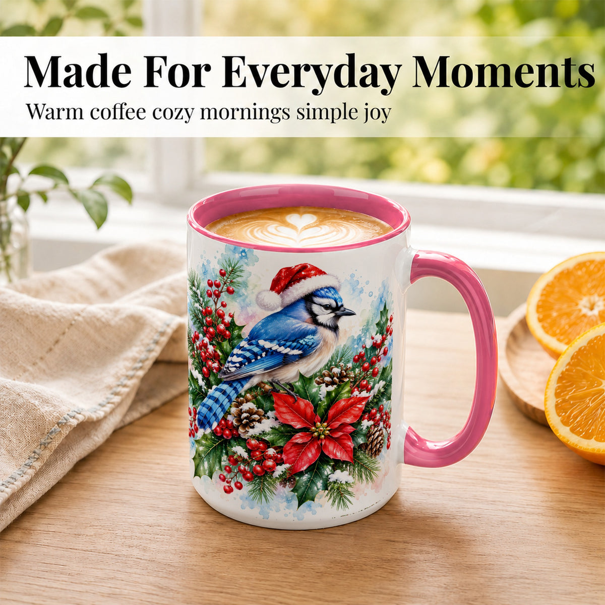 #pl[15oz|Pink] Watercolor Blue Jay Coffee Mug, Christmas Bird Mug, Ceramic Cup