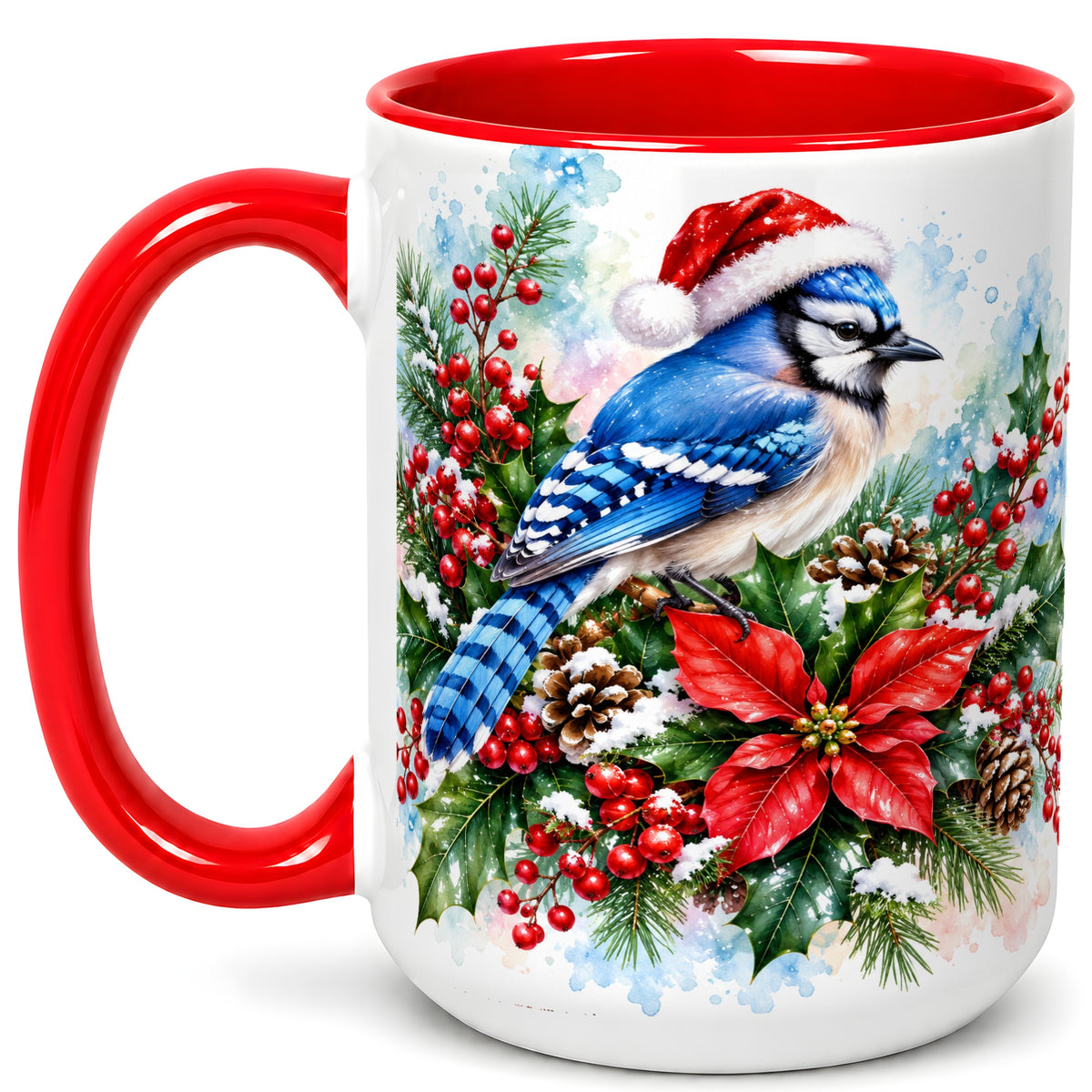 #pl[15oz|Red] Watercolor Blue Jay Coffee Mug, Christmas Bird Mug, Ceramic Cup