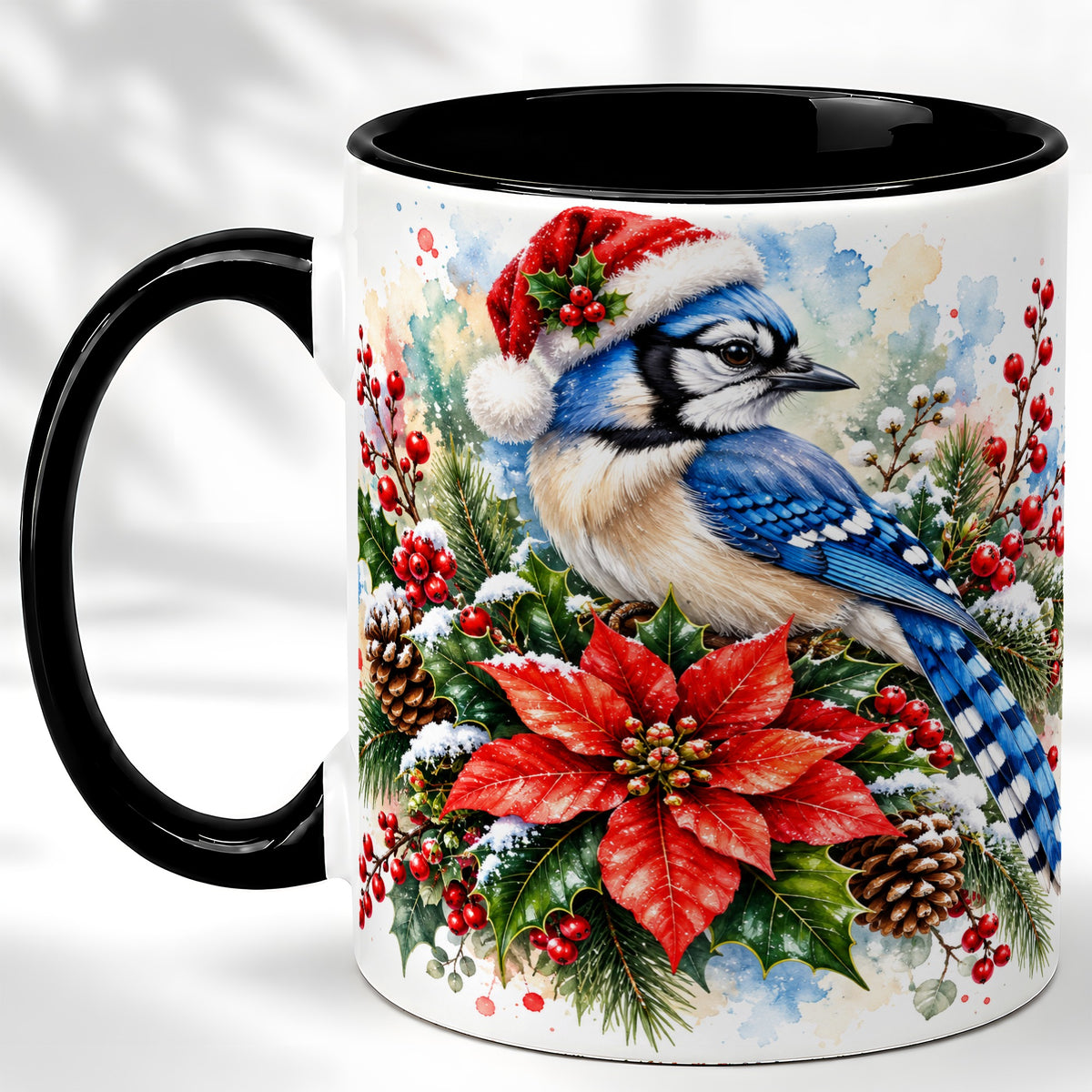 #pl[11oz|Black] Christmas Blue Jay Coffee Mug, Winter Bird Mug, Ceramic Cup
