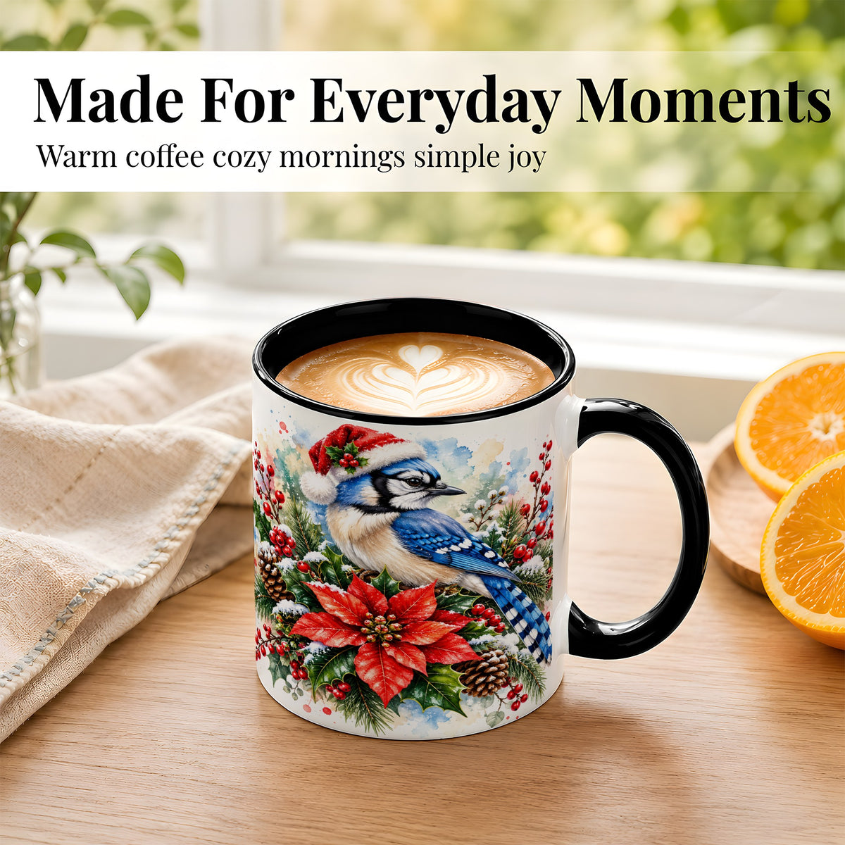 #pl[11oz|Black] Christmas Blue Jay Coffee Mug, Winter Bird Mug, Ceramic Cup