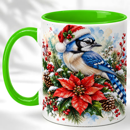 #pl[11oz|Green] Christmas Blue Jay Coffee Mug, Winter Bird Mug, Ceramic Cup