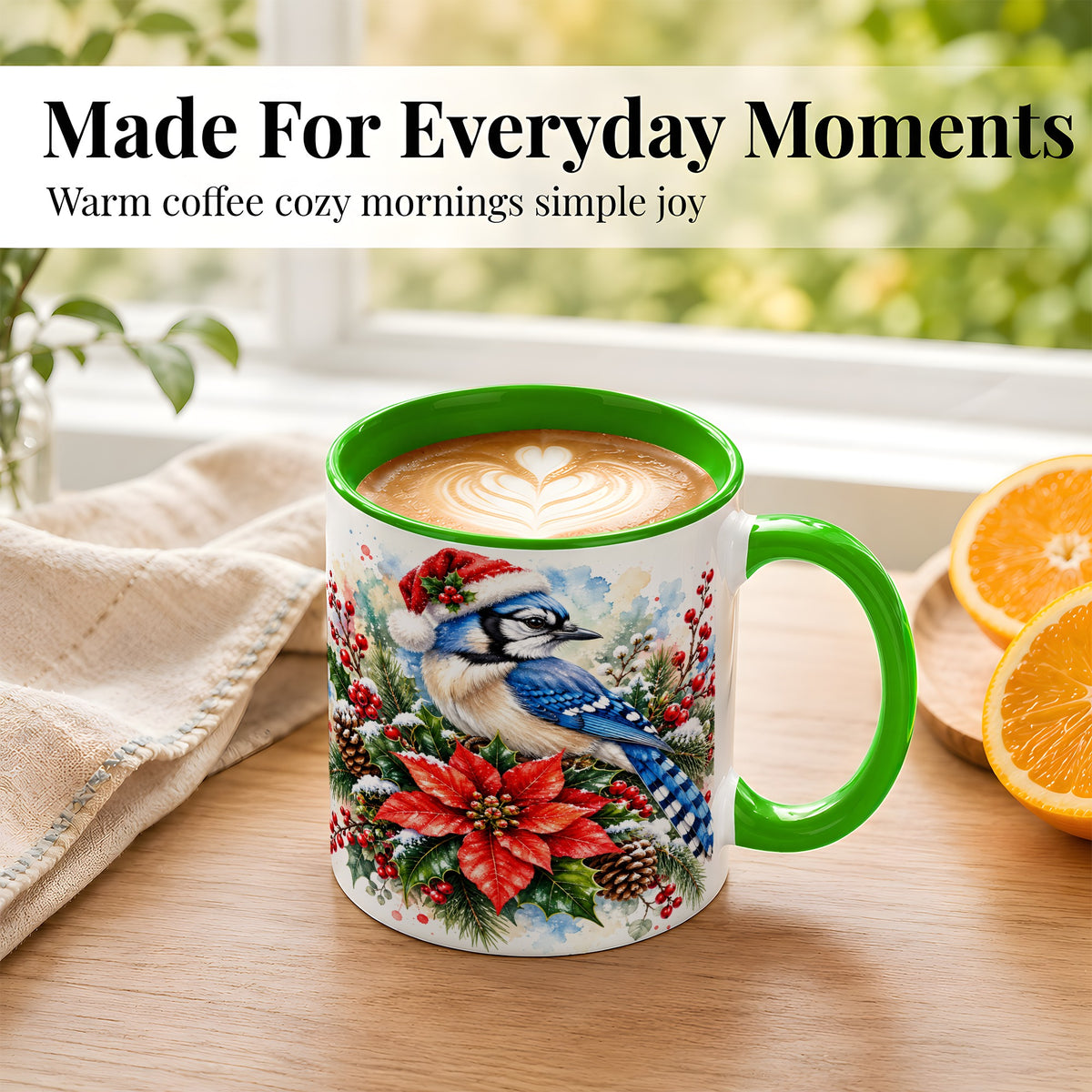 #pl[11oz|Green] Christmas Blue Jay Coffee Mug, Winter Bird Mug, Ceramic Cup
