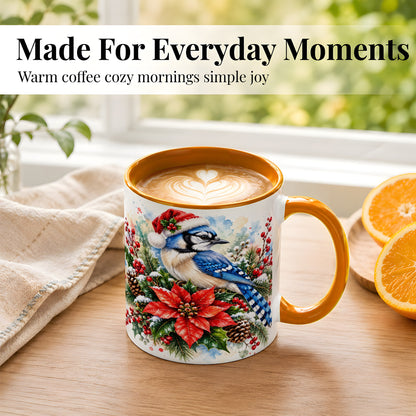 #pl[11oz|Orange] Christmas Blue Jay Coffee Mug, Winter Bird Mug, Ceramic Cup