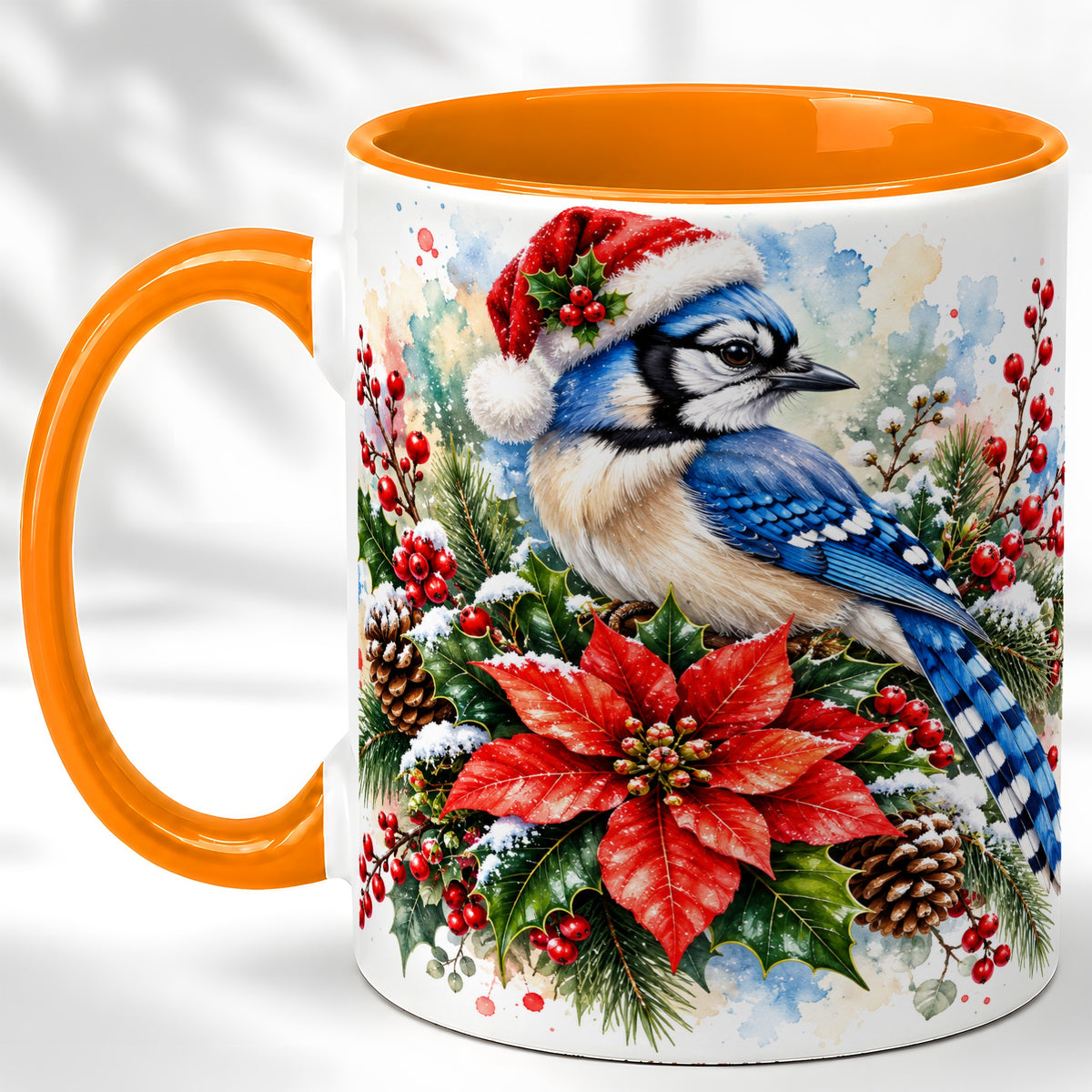 #pl[11oz|Orange] Christmas Blue Jay Coffee Mug, Winter Bird Mug, Ceramic Cup