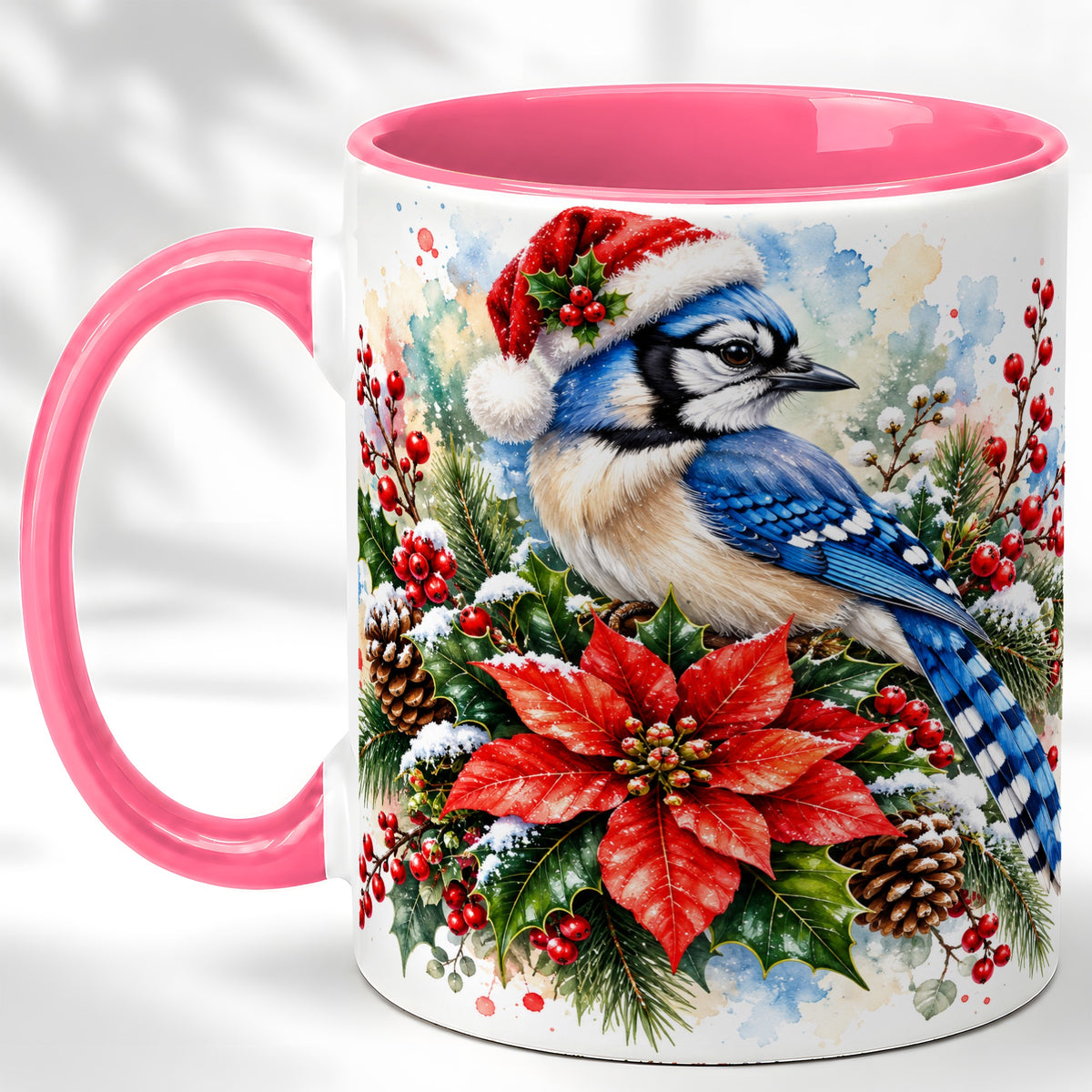#pl[11oz|Pink] Christmas Blue Jay Coffee Mug, Winter Bird Mug, Ceramic Cup