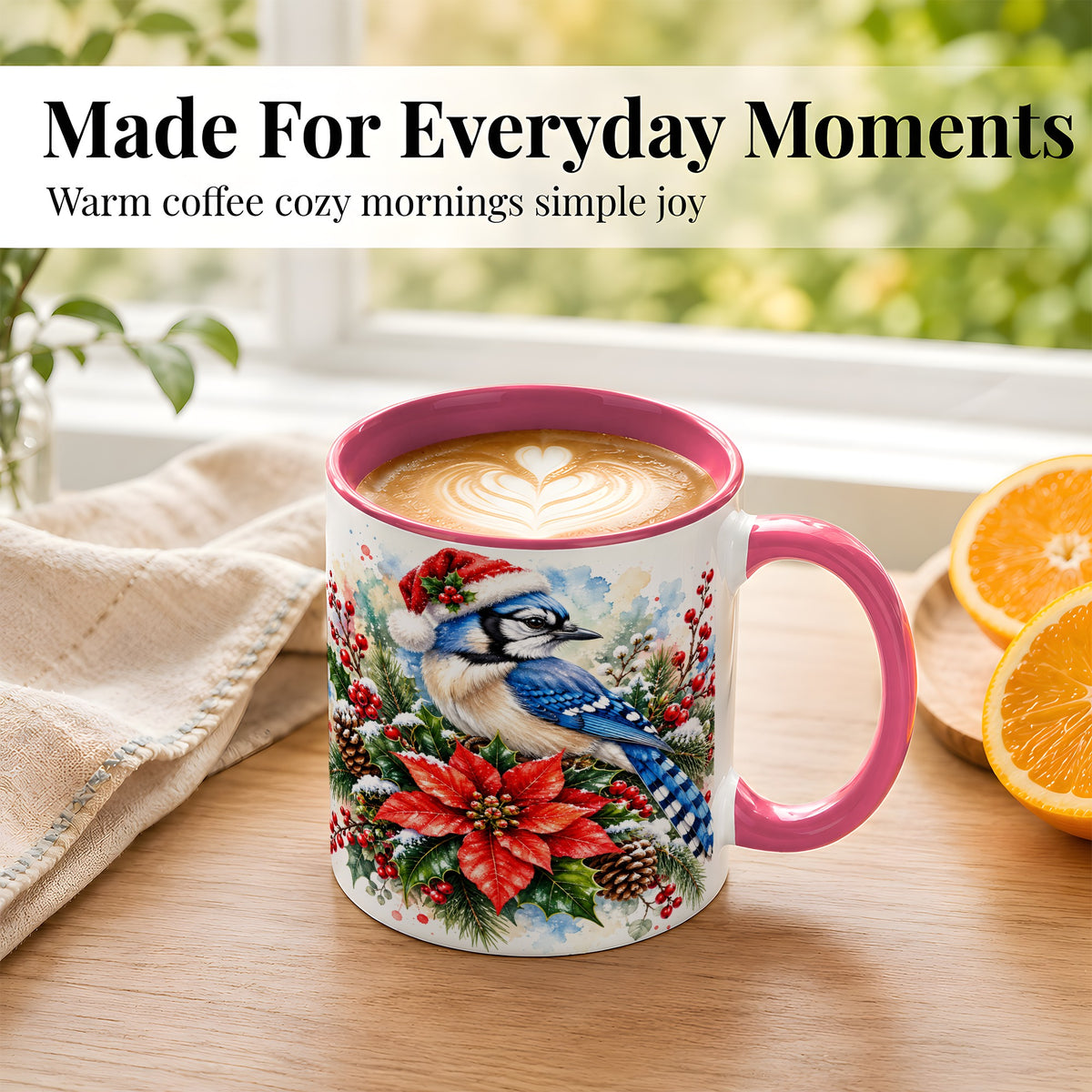 #pl[11oz|Pink] Christmas Blue Jay Coffee Mug, Winter Bird Mug, Ceramic Cup