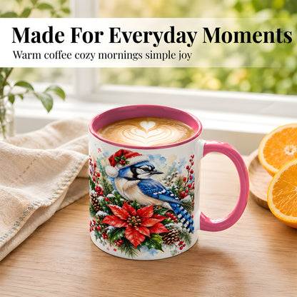 #pl[11oz|Pink] Christmas Blue Jay Coffee Mug, Winter Bird Mug, Ceramic Cup