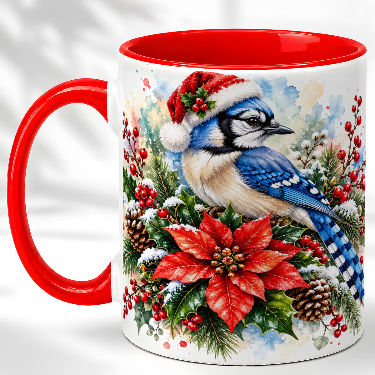 Christmas Blue Jay Coffee Mug, Winter Bird Mug, Ceramic Cup