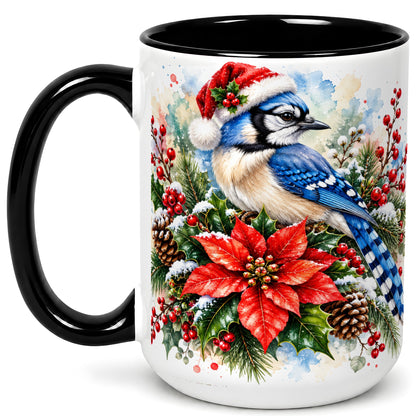 #pl[15oz|Black] Christmas Blue Jay Coffee Mug, Winter Bird Mug, Ceramic Cup