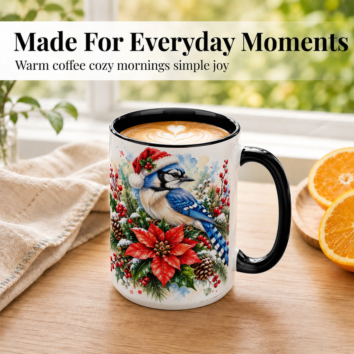 #pl[15oz|Black] Christmas Blue Jay Coffee Mug, Winter Bird Mug, Ceramic Cup
