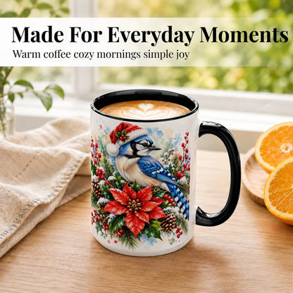 #pl[15oz|Black] Christmas Blue Jay Coffee Mug, Winter Bird Mug, Ceramic Cup