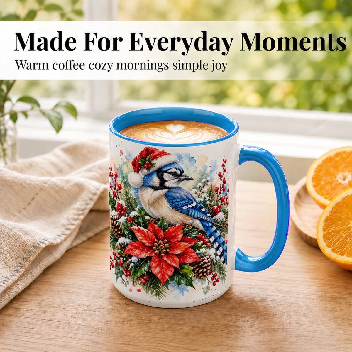 #pl[15oz|Blue] Christmas Blue Jay Coffee Mug, Winter Bird Mug, Ceramic Cup