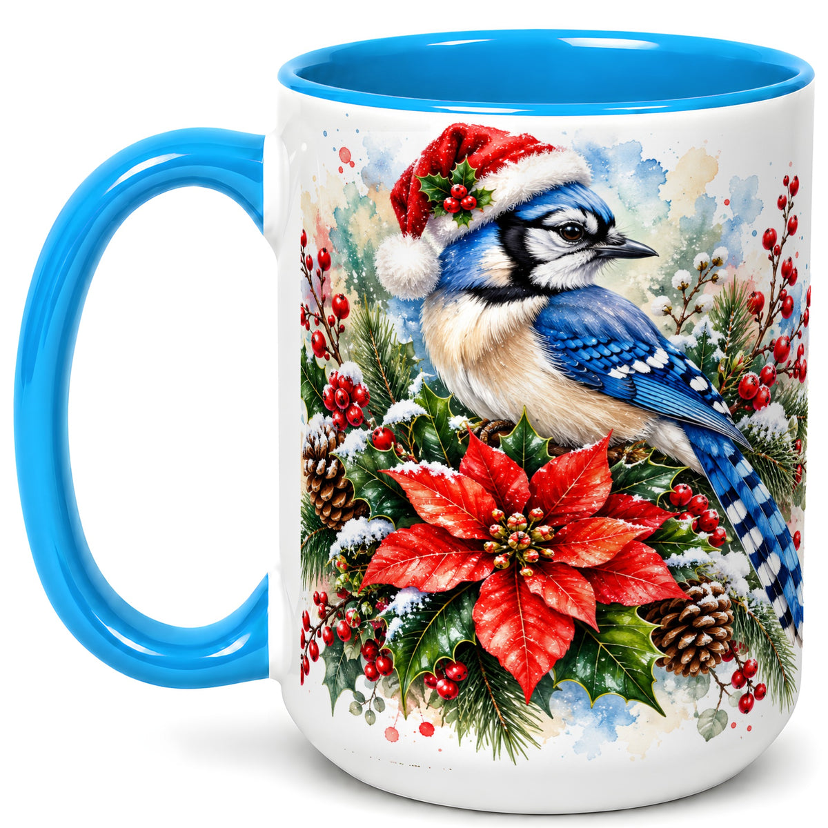 #pl[15oz|Blue] Christmas Blue Jay Coffee Mug, Winter Bird Mug, Ceramic Cup