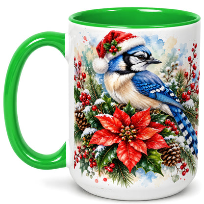 #pl[15oz|Green] Christmas Blue Jay Coffee Mug, Winter Bird Mug, Ceramic Cup