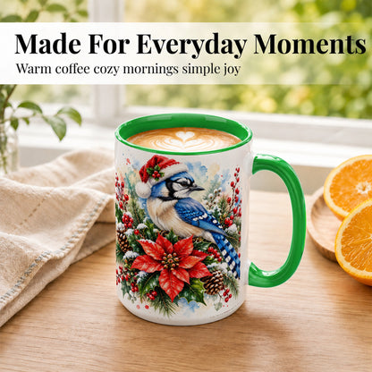 #pl[15oz|Green] Christmas Blue Jay Coffee Mug, Winter Bird Mug, Ceramic Cup