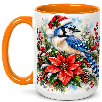 #pl[15oz|Orange] Christmas Blue Jay Coffee Mug, Winter Bird Mug, Ceramic Cup