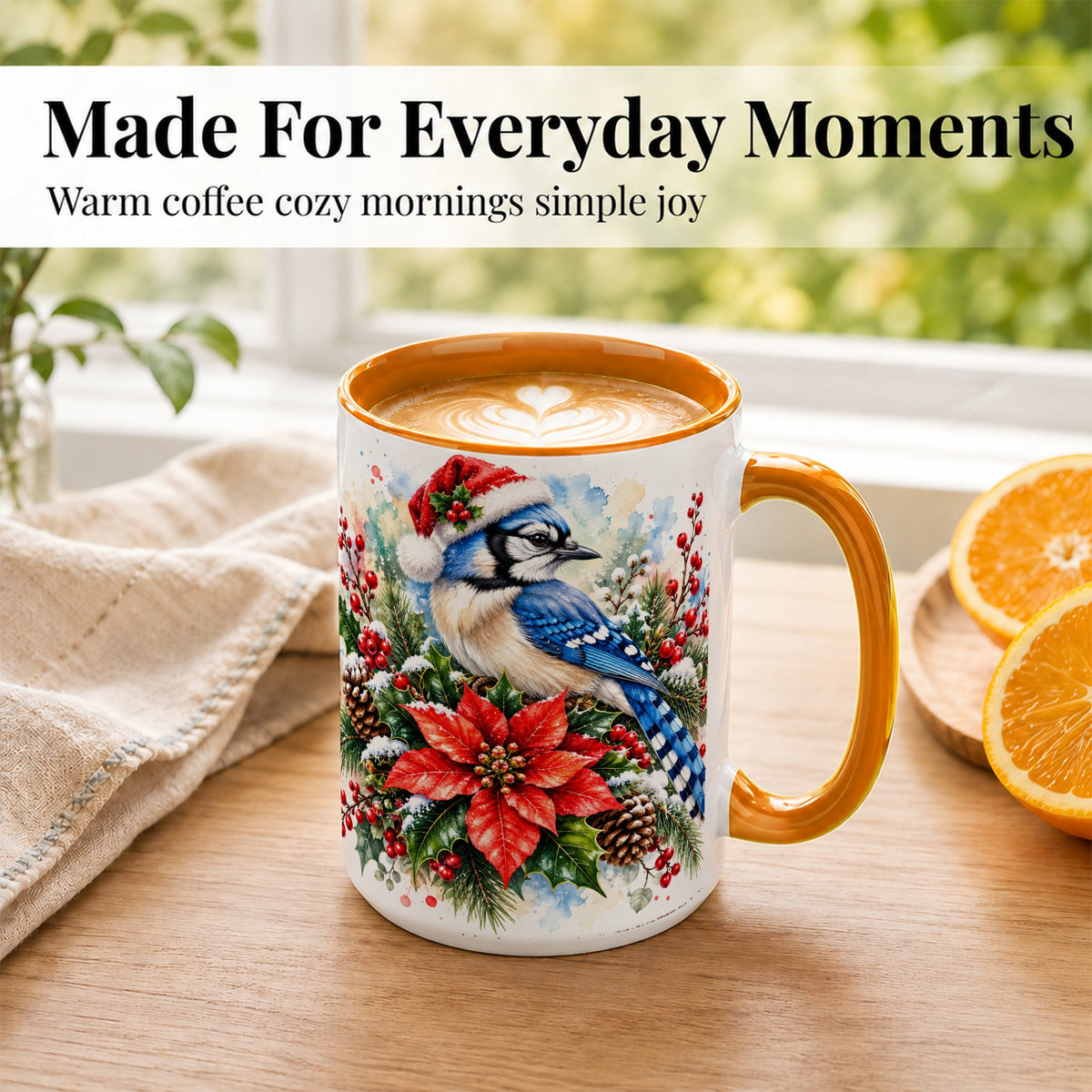 #pl[15oz|Orange] Christmas Blue Jay Coffee Mug, Winter Bird Mug, Ceramic Cup