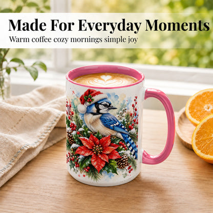 #pl[15oz|Pink] Christmas Blue Jay Coffee Mug, Winter Bird Mug, Ceramic Cup