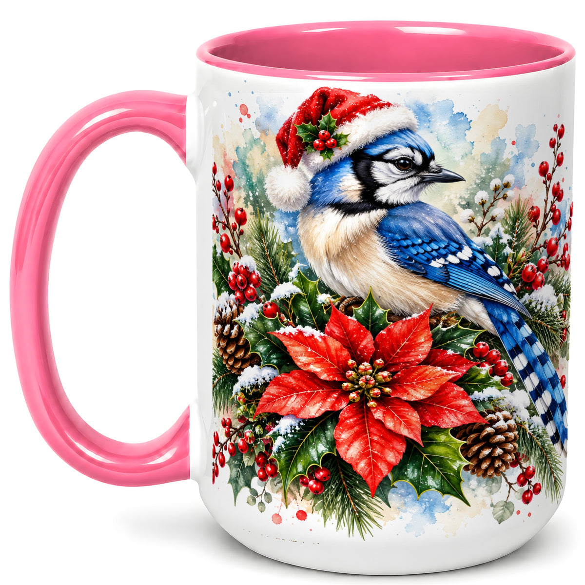 #pl[15oz|Pink] Christmas Blue Jay Coffee Mug, Winter Bird Mug, Ceramic Cup