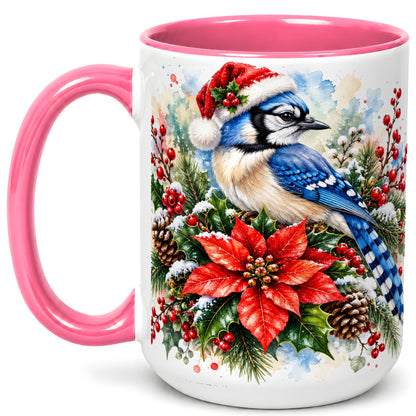 #pl[15oz|Pink] Christmas Blue Jay Coffee Mug, Winter Bird Mug, Ceramic Cup