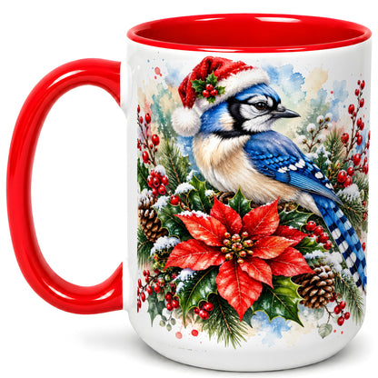 #pl[15oz|Red] Christmas Blue Jay Coffee Mug, Winter Bird Mug, Ceramic Cup