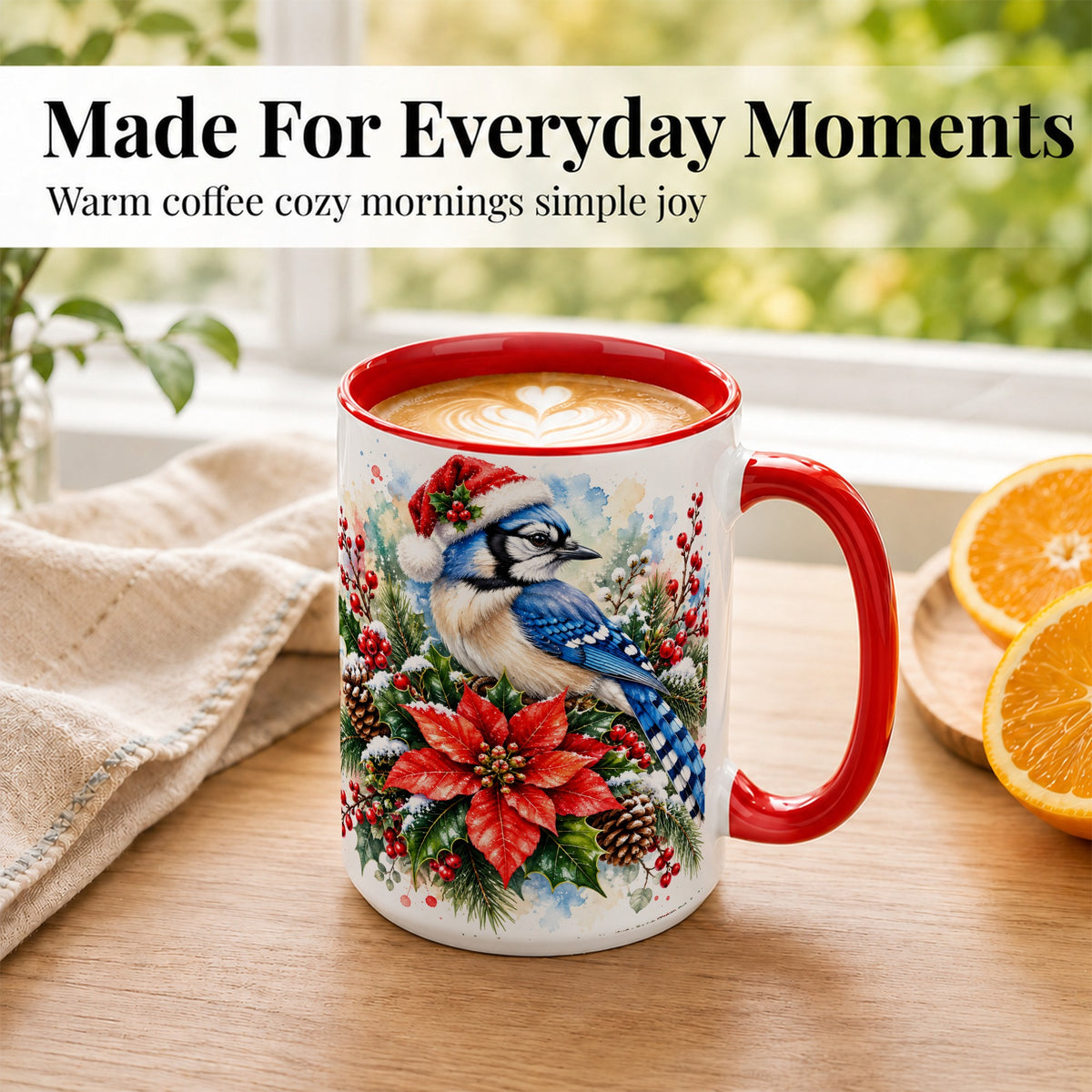 #pl[15oz|Red] Christmas Blue Jay Coffee Mug, Winter Bird Mug, Ceramic Cup