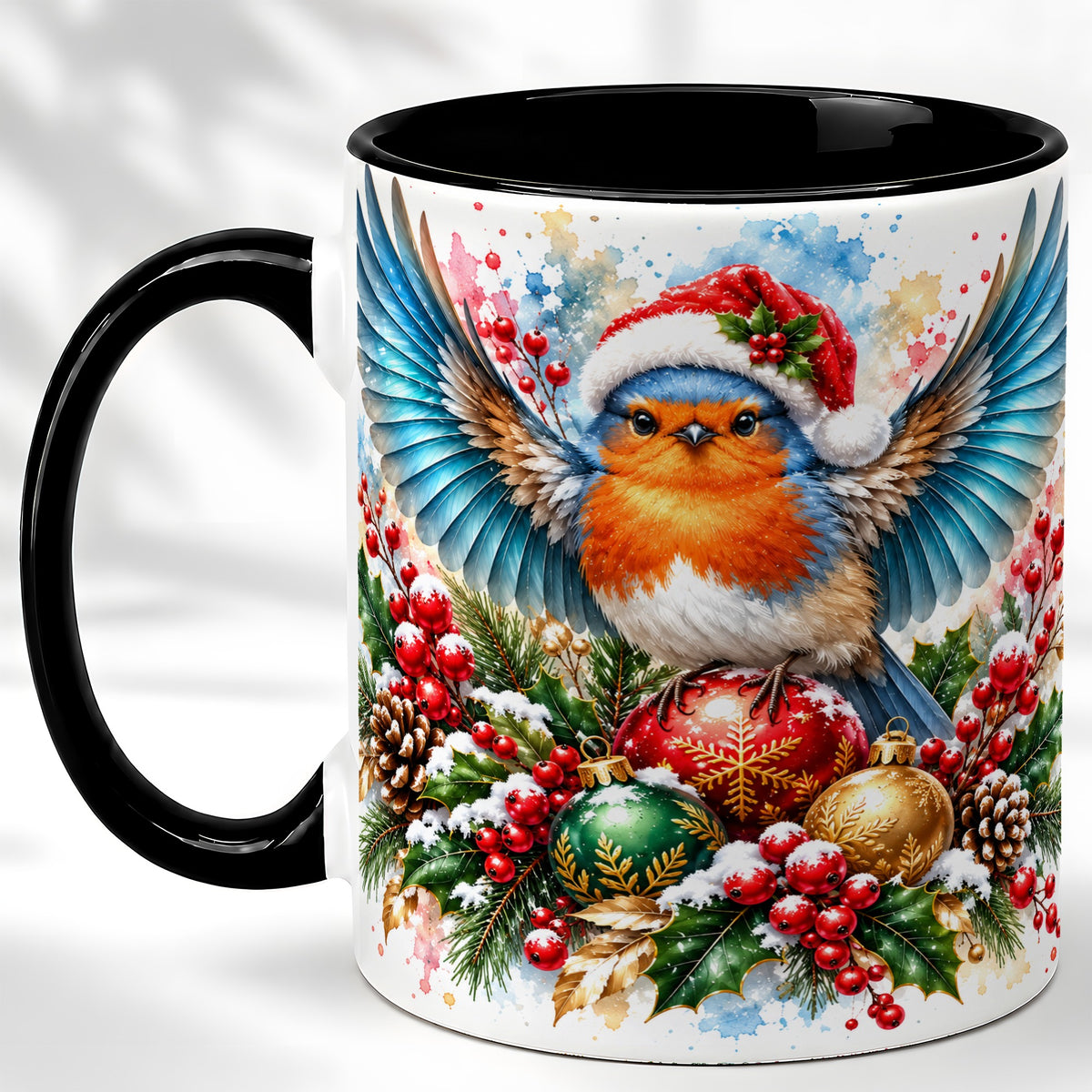 #pl[11oz|Black] Christmas Robin Coffee Mug, Winter Bird Mug, Ceramic Cup