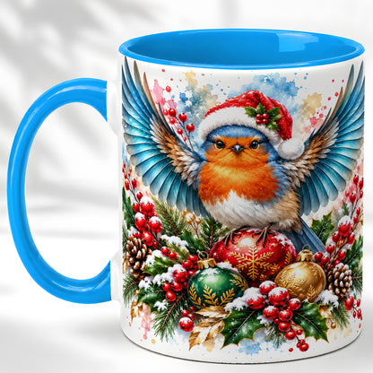 #pl[11oz|Blue] Christmas Robin Coffee Mug, Winter Bird Mug, Ceramic Cup
