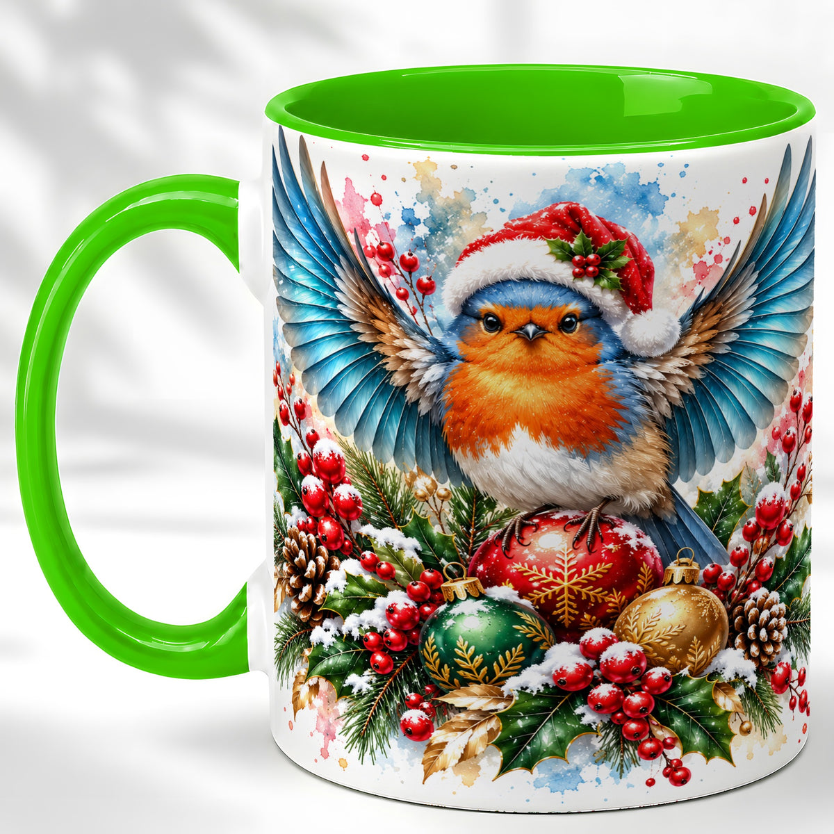 #pl[11oz|Green] Christmas Robin Coffee Mug, Winter Bird Mug, Ceramic Cup