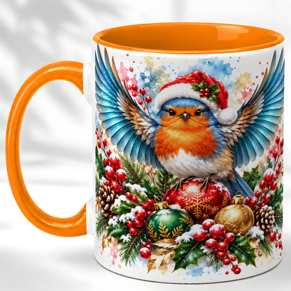 #pl[11oz|Orange] Christmas Robin Coffee Mug, Winter Bird Mug, Ceramic Cup