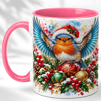 #pl[11oz|Pink] Christmas Robin Coffee Mug, Winter Bird Mug, Ceramic Cup