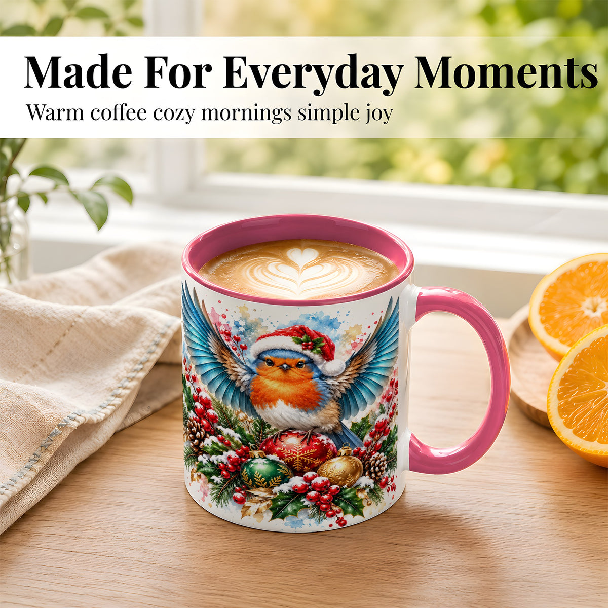 #pl[11oz|Pink] Christmas Robin Coffee Mug, Winter Bird Mug, Ceramic Cup