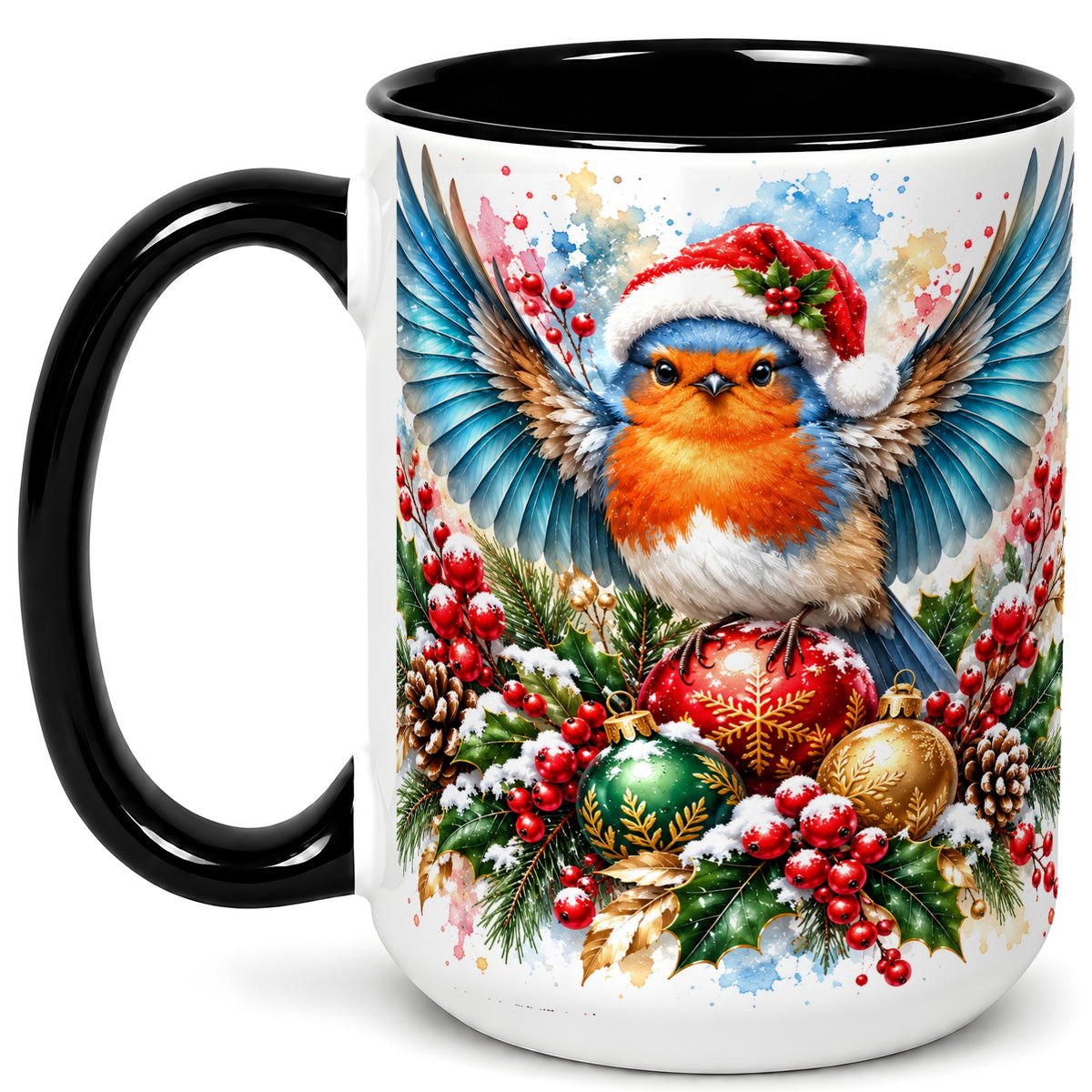 #pl[15oz|Black] Christmas Robin Coffee Mug, Winter Bird Mug, Ceramic Cup