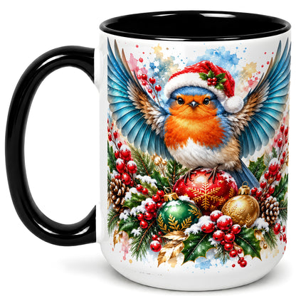 #pl[15oz|Black] Christmas Robin Coffee Mug, Winter Bird Mug, Ceramic Cup