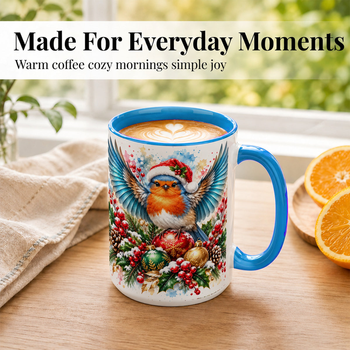 #pl[15oz|Blue] Christmas Robin Coffee Mug, Winter Bird Mug, Ceramic Cup