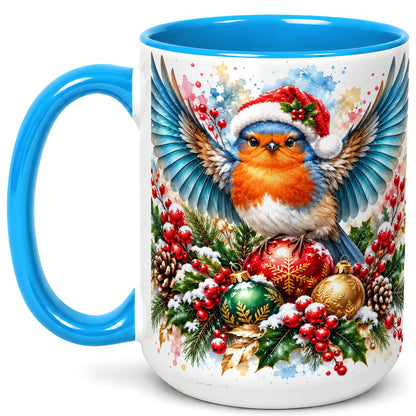#pl[15oz|Blue] Christmas Robin Coffee Mug, Winter Bird Mug, Ceramic Cup