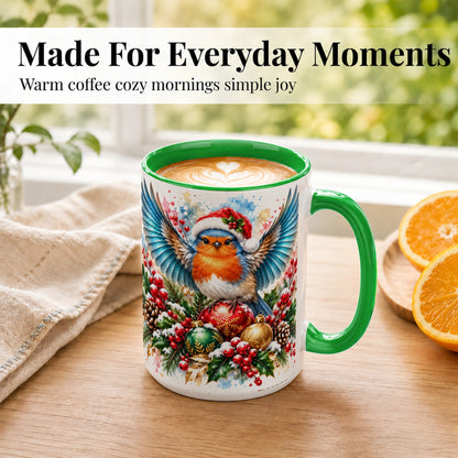 #pl[15oz|Green] Christmas Robin Coffee Mug, Winter Bird Mug, Ceramic Cup
