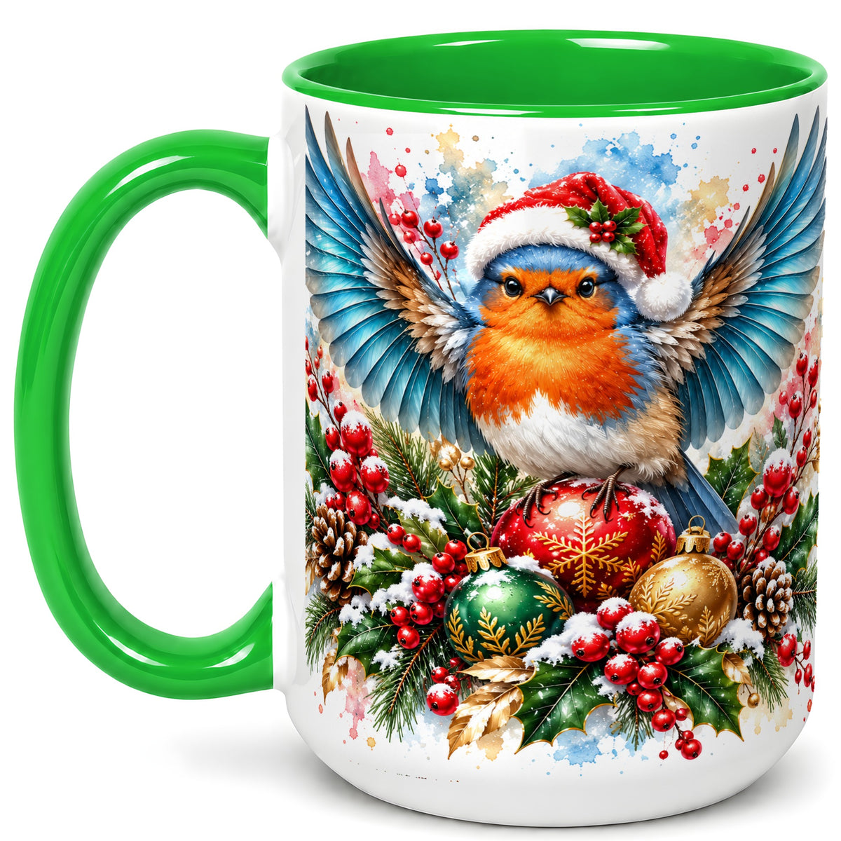 #pl[15oz|Green] Christmas Robin Coffee Mug, Winter Bird Mug, Ceramic Cup