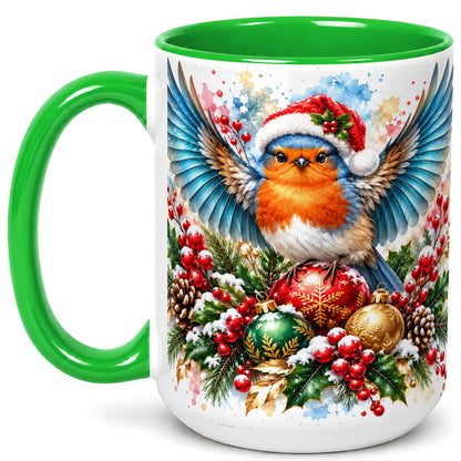 #pl[15oz|Green] Christmas Robin Coffee Mug, Winter Bird Mug, Ceramic Cup