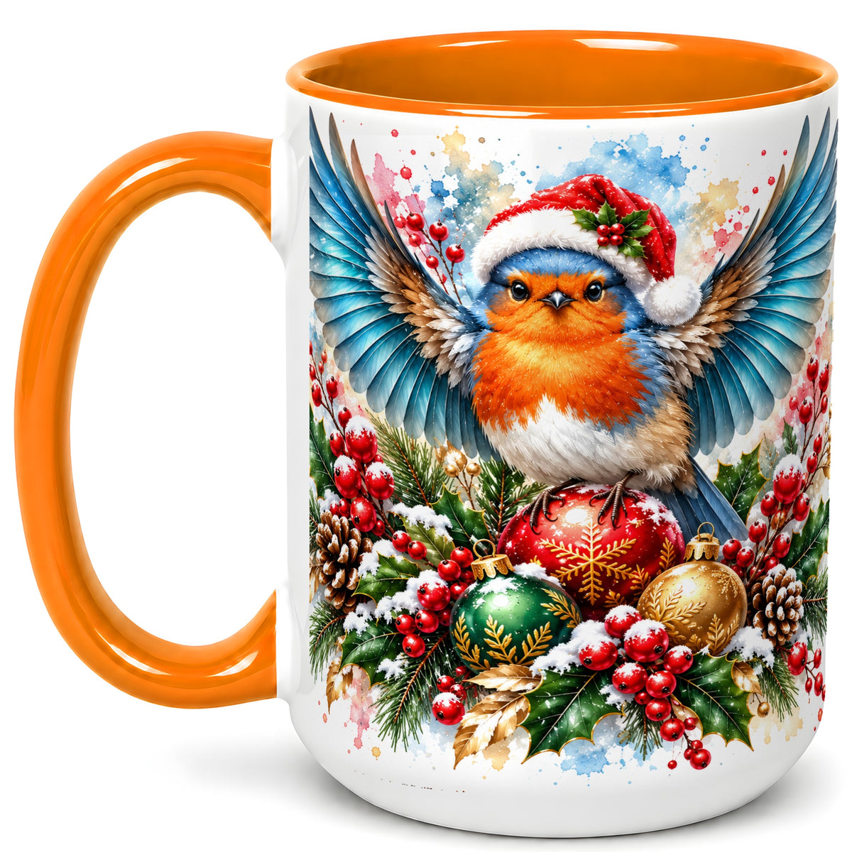 #pl[15oz|Orange] Christmas Robin Coffee Mug, Winter Bird Mug, Ceramic Cup