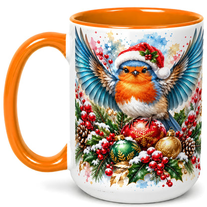 #pl[15oz|Orange] Christmas Robin Coffee Mug, Winter Bird Mug, Ceramic Cup
